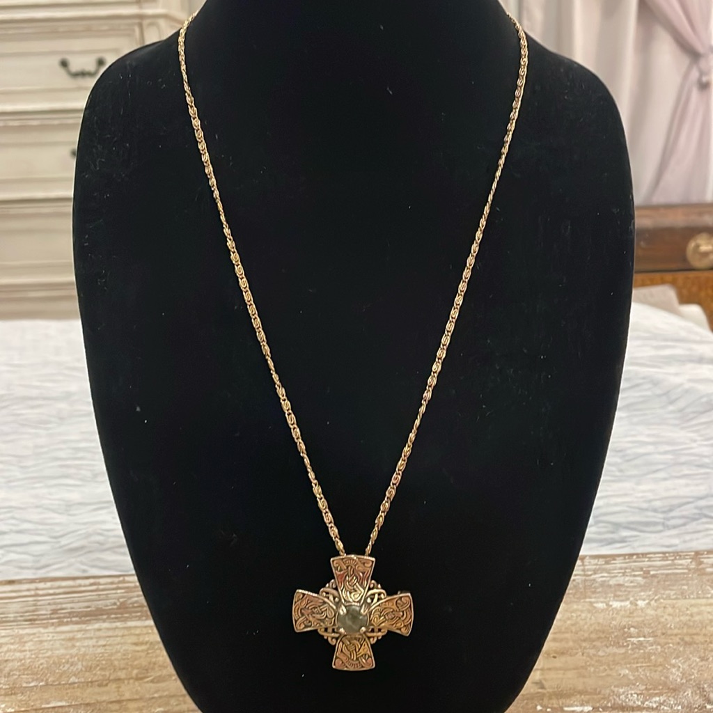 Vintage Gold Plated Signed Miracle Celtic Pendant Necklace Brooch Pin Twofer